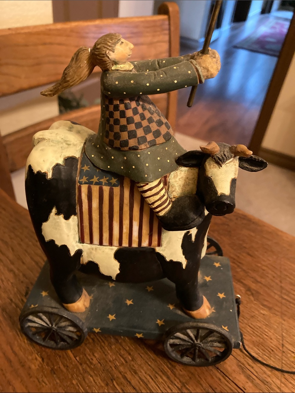Williraye Studio Folk Art Girl with American Flag 🇺🇸 riding Cow Pull Toy WW1310